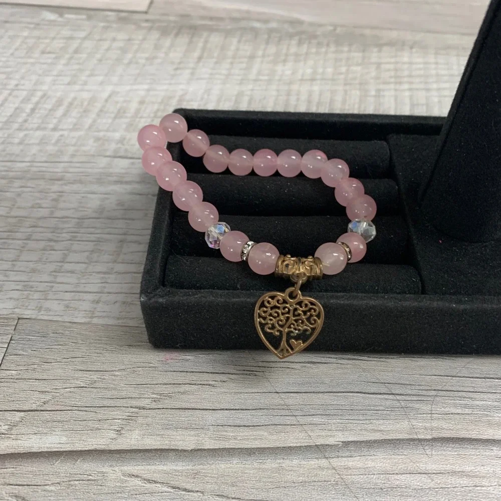 Pink Beaded Stretch Bracelet Tree of Life Heart Charm Bronze Tone Boho 6.5in